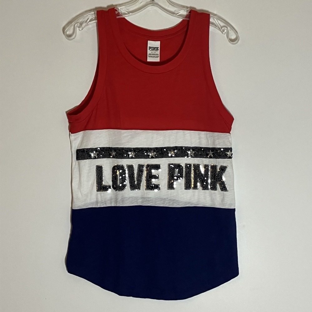 Victorias Secret Tank Womens Small Red White Blue Top Sequin Sparkle Casual USA